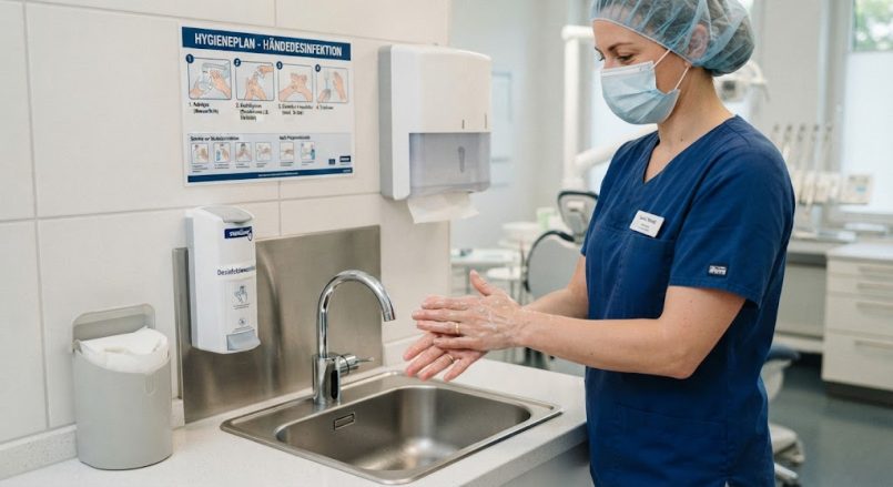 Hygieneplan Zahnarztpraxis: Händedesinfektion am Waschbecken